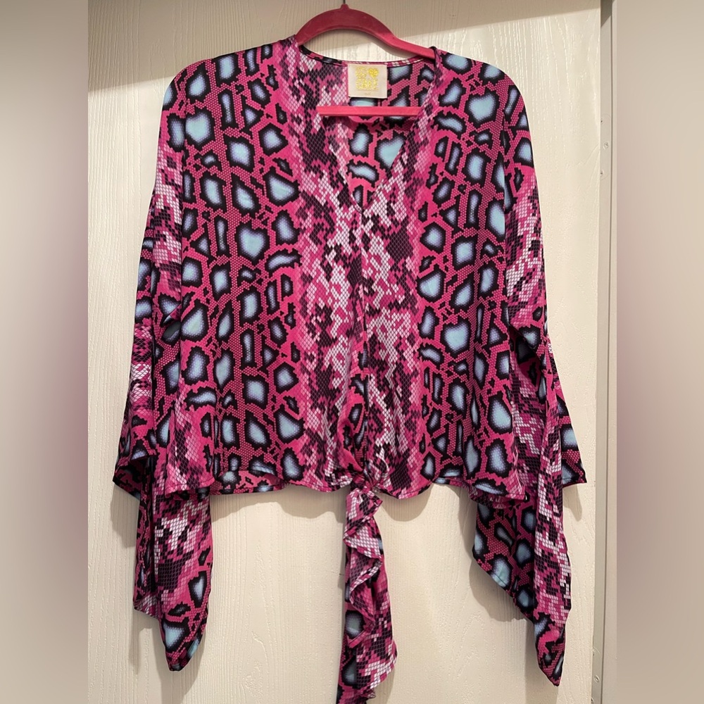 Women’s Statement Top Reptile Print Blouse With Accent Sleeves Purple Blue